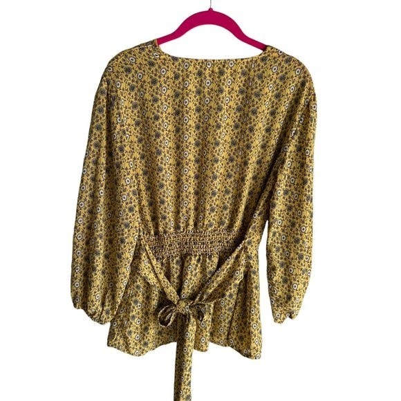 MAX STUDIO Yellow Floral Ladies V-Neck Peasant Boho Career Blouse, S - Picture 3 of 8
